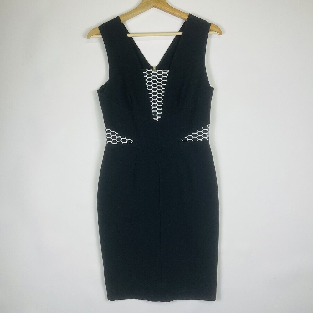 Yoana Baraschi Sheath Dress Womens 6 Black Mesh Cutout Modern Geometric Chic‎